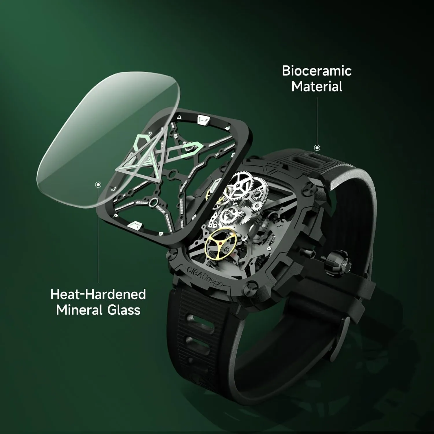 Eye of Horus Mechanical Skeleton Watch Bioceramic Case Square tournament electrician transit admiral Waterproof with Silicone Strap for Men and Women Gift, Analog Display Timepiece CIGA Design Automatic Watch - X Series 