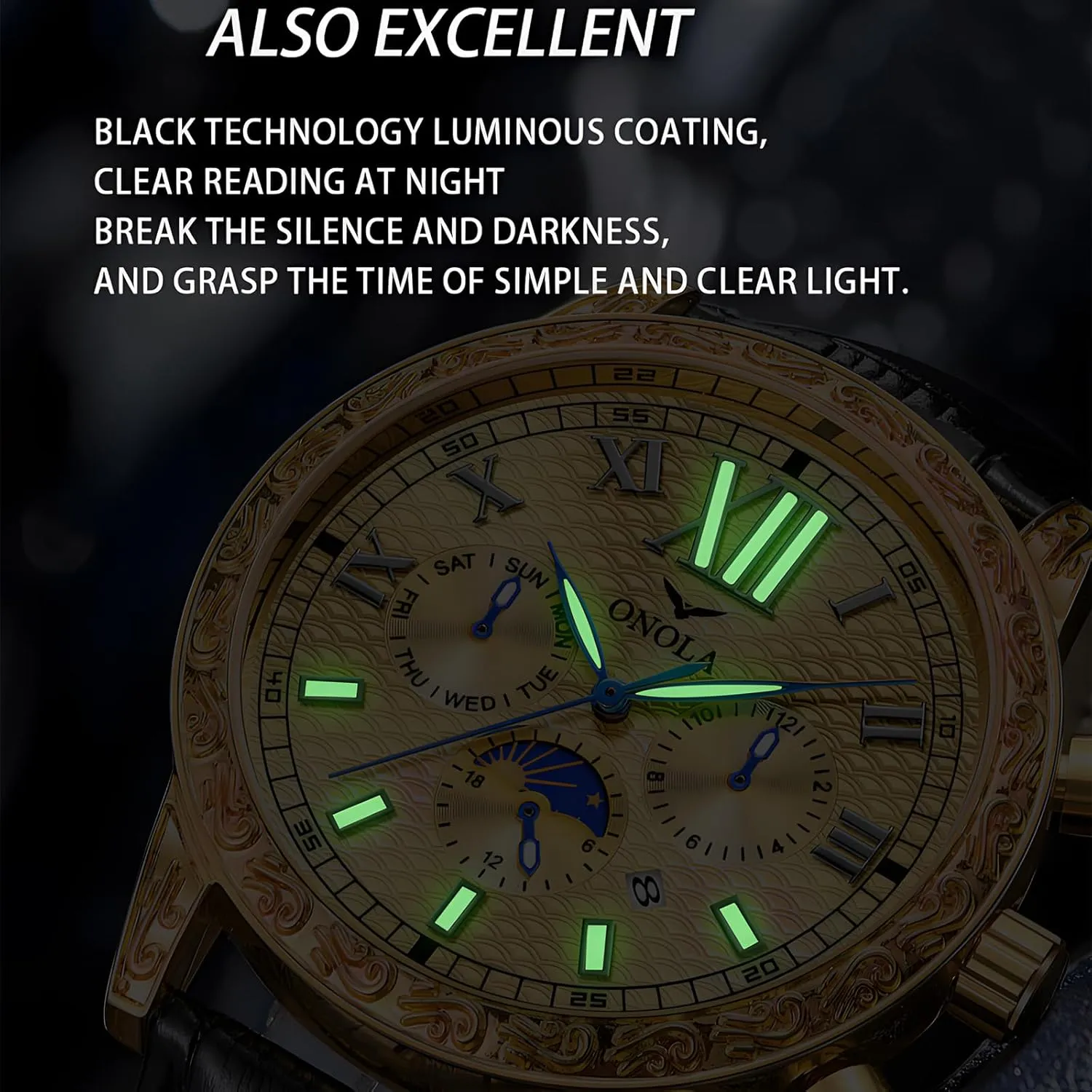 Eye Timing Dial 24-Hour Moon Phase Display Calendar Watch Men's Business Mechanical Watch Fully Automatic Men's Mechanical Watch Comfortable Leather Italian retentive receptacle chiefly Strap Large Gold Watch Three 