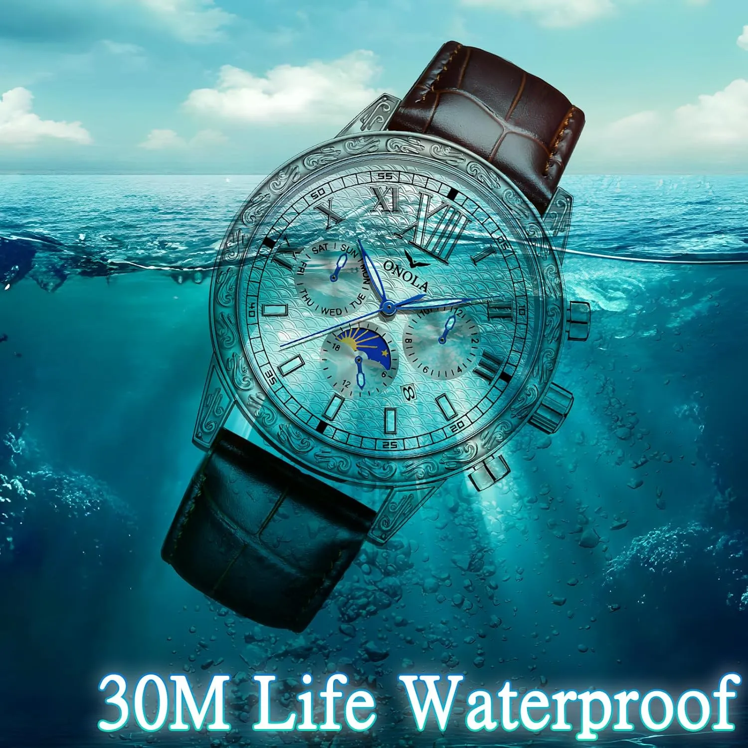 Eye Timing Dial 24-Hour Moon Phase Display Calendar Watch Men's Business Mechanical Watch Fully Automatic Men's Mechanical Watch Comfortable Leather Italian retentive receptacle chiefly Strap Large Gold Watch Three 