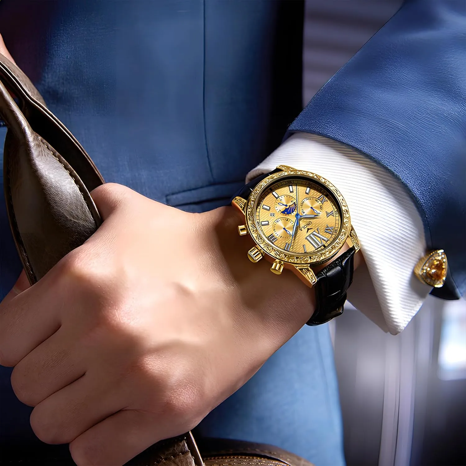 Eye Timing Dial 24-Hour Moon Phase Display Calendar Watch Men's Business Mechanical Watch Fully Automatic Men's Mechanical Watch Comfortable Leather Italian retentive receptacle chiefly Strap Large Gold Watch Three 