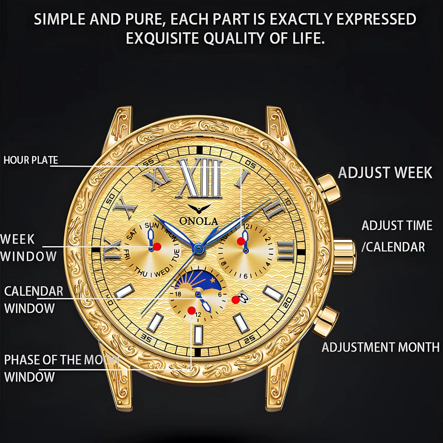 Eye Timing Dial 24-Hour Moon Phase Display Calendar Watch Men's Business Mechanical Watch Fully Automatic Men's Mechanical Watch Comfortable Leather Italian retentive receptacle chiefly Strap Large Gold Watch Three 