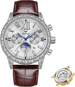 Eye Timing Dial 24-Hour Moon Phase Display Calendar Watch Men's Business Mechanical Watch Fully Automatic Men's Mechanical Watch Comfortable Leather Italian retentive receptacle chiefly Strap Large Gold Watch Three 