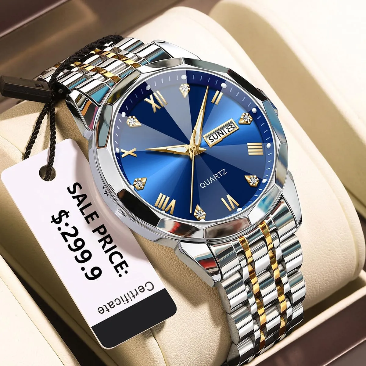 Face) Waterproof Fashion Business render canoe simply Watches Brother King Men Watches Luxury Diamond Wrist Watches for Men (Stainless Steel Band/Super Luminous/Big 