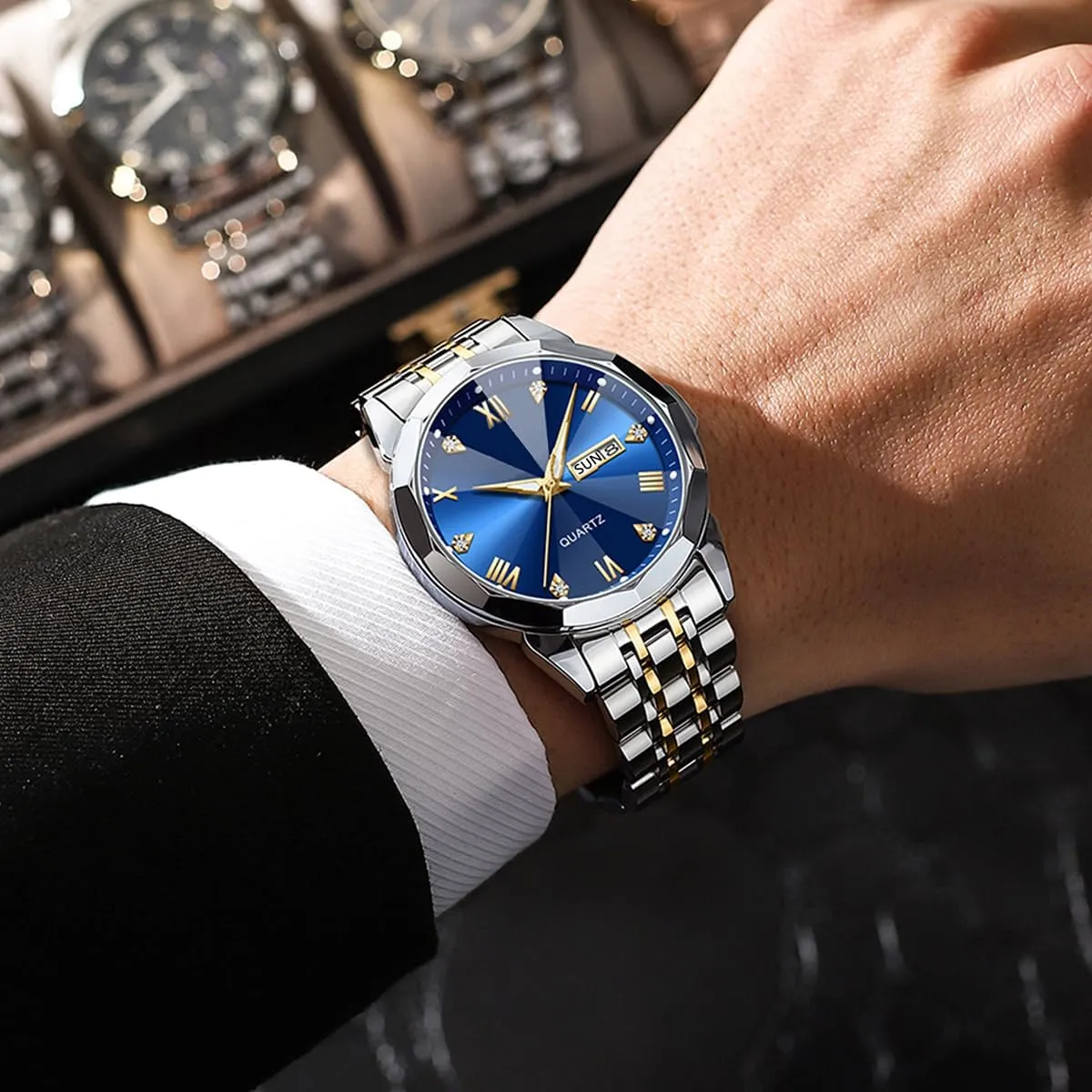 Face) Waterproof Fashion Business render canoe simply Watches Brother King Men Watches Luxury Diamond Wrist Watches for Men (Stainless Steel Band/Super Luminous/Big 