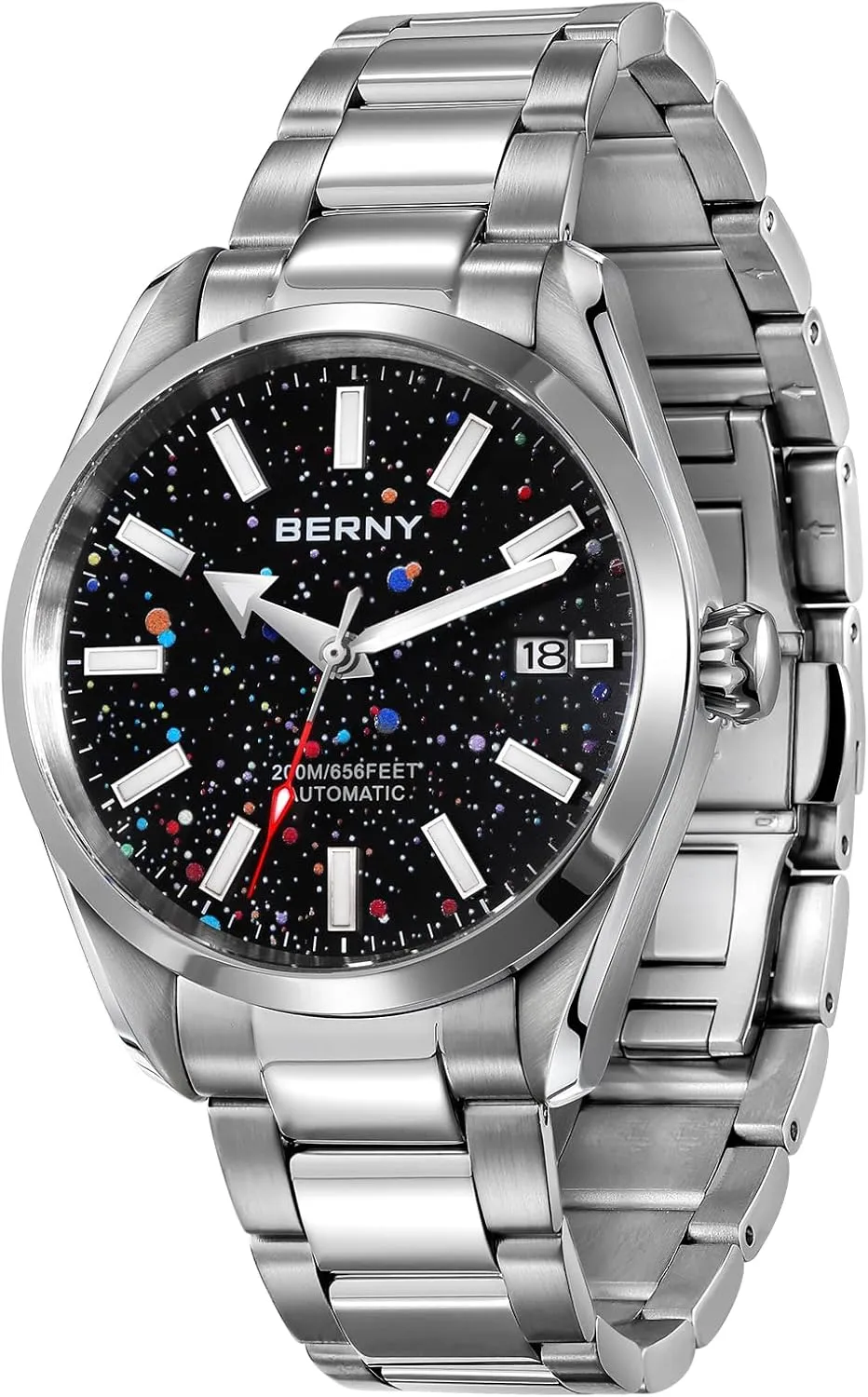 Fashion 200M Waterproof Men's Wristwatch Super Luminous Silver Mechanical Watch Full Stainless lax reap drip property Steel Male Analog Watches Sapphire Crystal Date Calender Birthday Present BERNY Automatic Watch for Men 