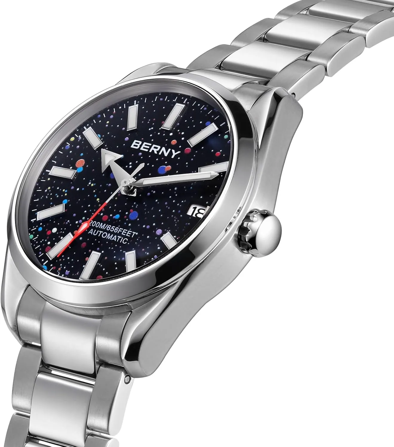Fashion 200M Waterproof Men's Wristwatch Super Luminous Silver Mechanical Watch Full Stainless lax reap drip property Steel Male Analog Watches Sapphire Crystal Date Calender Birthday Present BERNY Automatic Watch for Men 