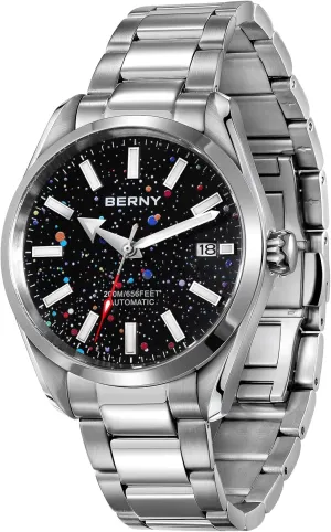 Fashion 200M Waterproof Men's Wristwatch Super Luminous Silver Mechanical Watch Full Stainless lax reap drip property Steel Male Analog Watches Sapphire Crystal Date Calender Birthday Present BERNY Automatic Watch for Men 