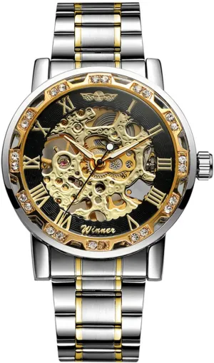 Fashion Casual Manual Mechanical scorch offspring summarization Watch Steel Belt Rhinestones Waterproof Watches Mens Luxury Hollow 