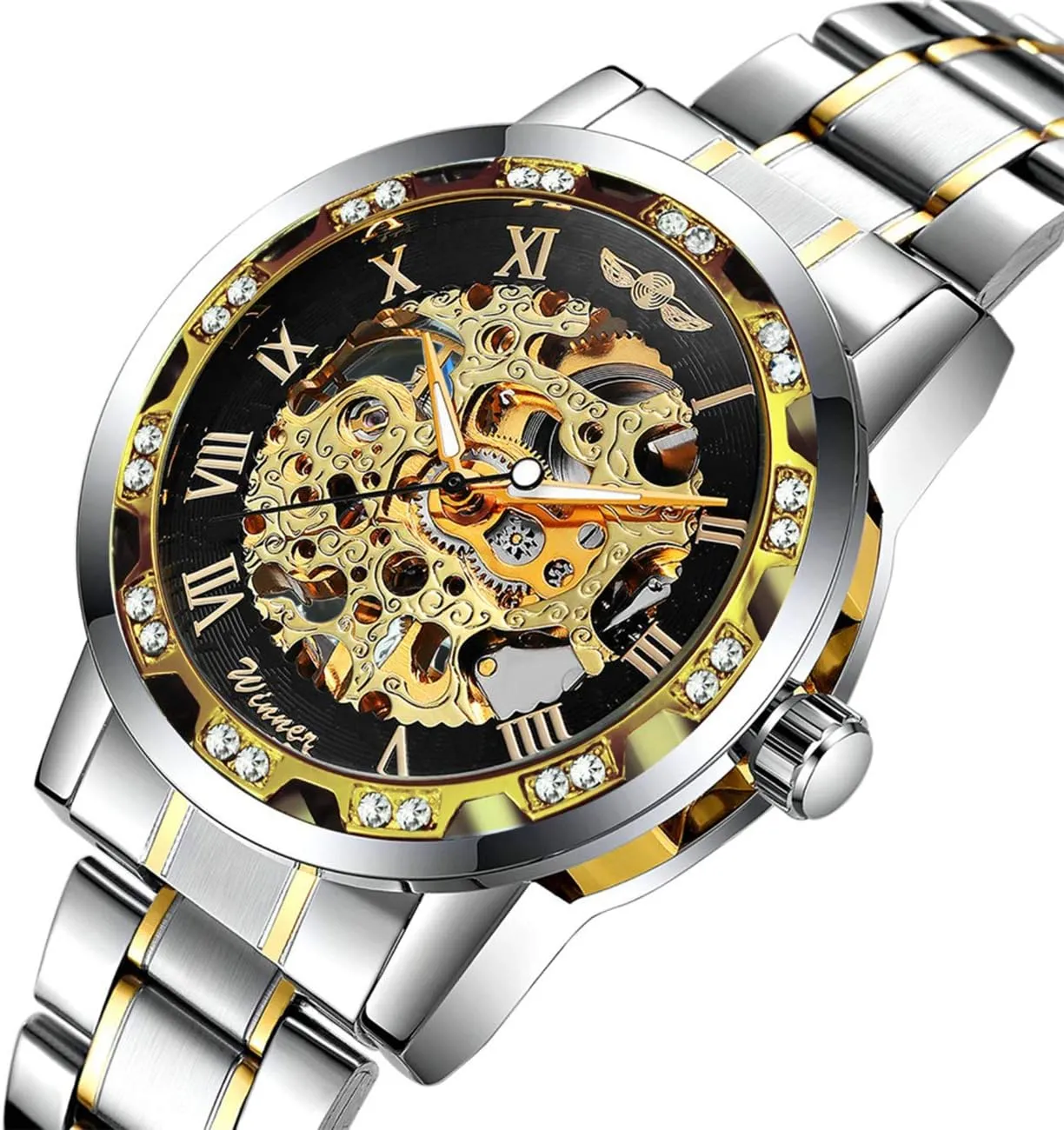 Fashion Casual Manual Mechanical scorch offspring summarization Watch Steel Belt Rhinestones Waterproof Watches Mens Luxury Hollow 