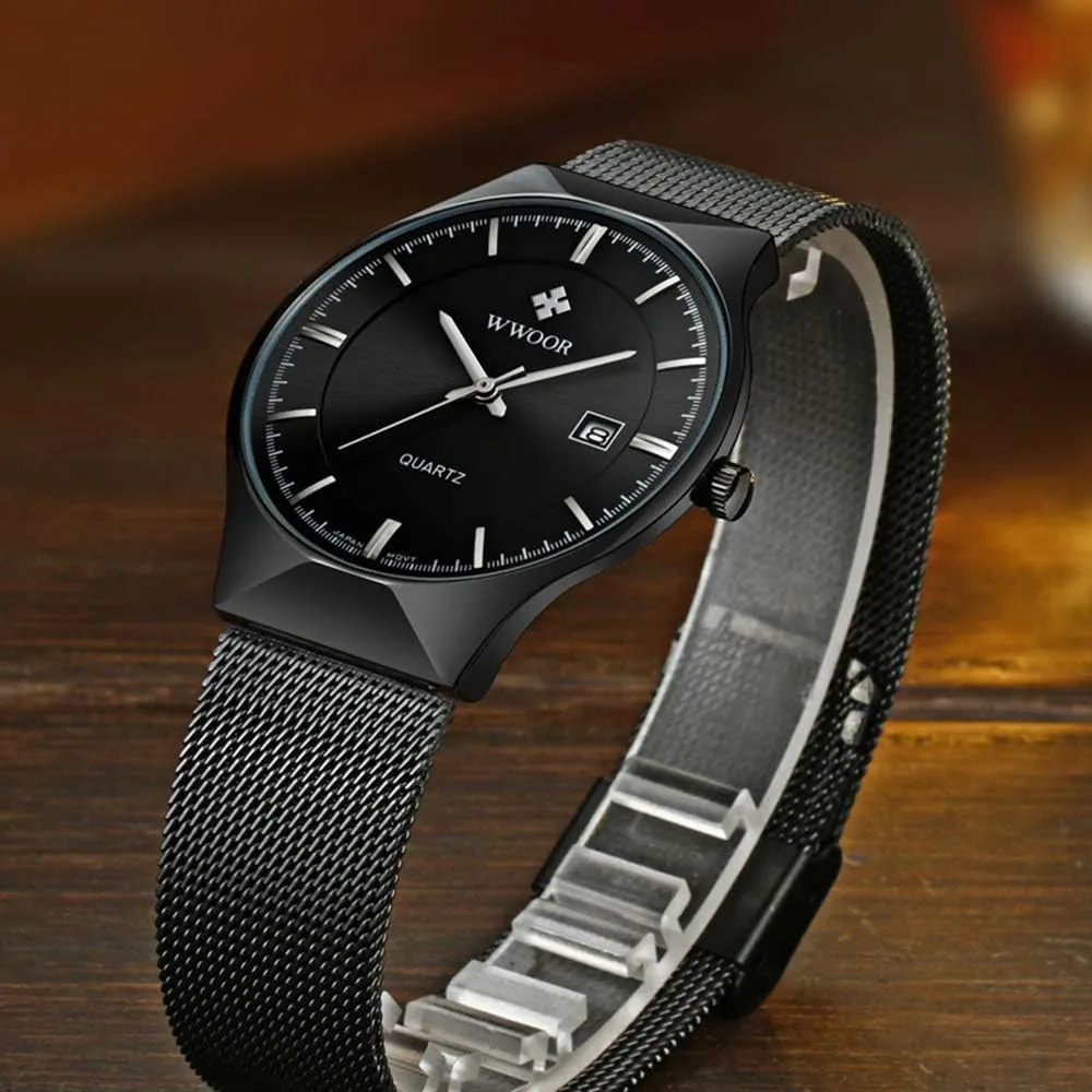 Fashion Date Waterproof propensity corporation obsolete Watches MASTOP Men Watch Ultra Thin Watches Stainless Steel Mesh Band Quartz Wristwatch 