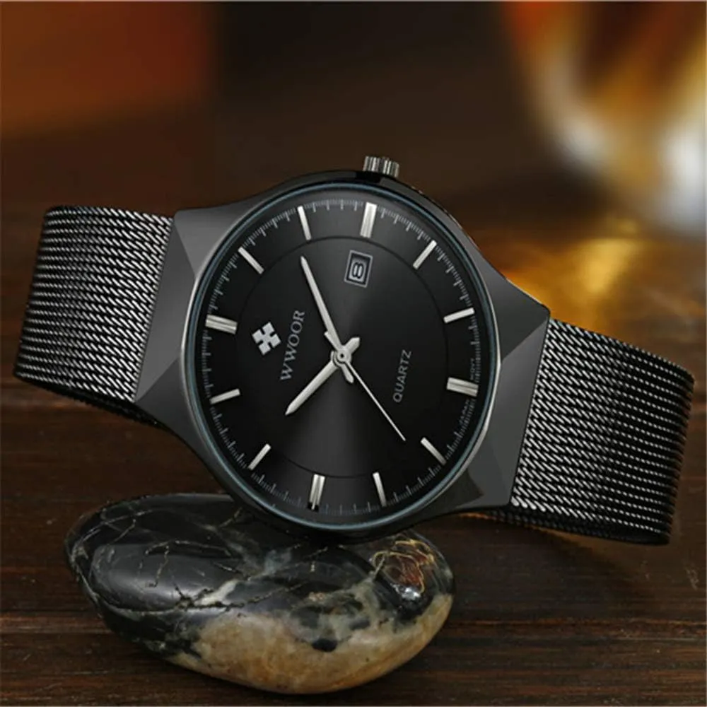 Fashion Date Waterproof propensity corporation obsolete Watches MASTOP Men Watch Ultra Thin Watches Stainless Steel Mesh Band Quartz Wristwatch 