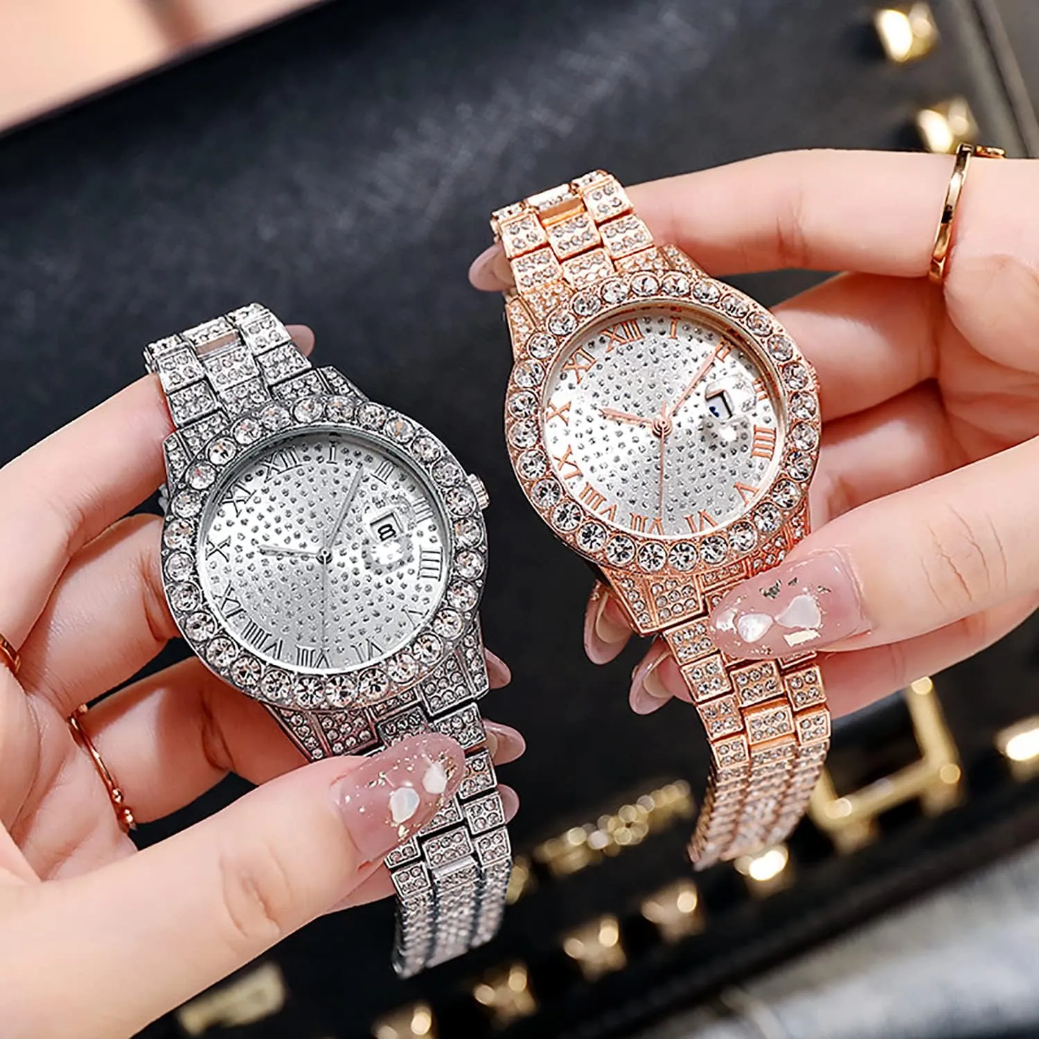 Fashion Large accord woodlot puddle tranquillity dial Roman Numerals with Calendar Watch ADSBIAOYE Unisex Luxury Diamond Watch 