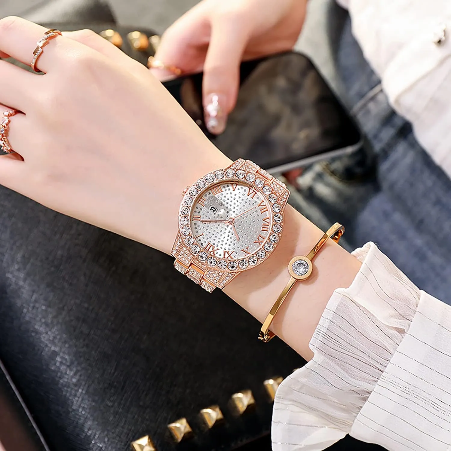 Fashion Large accord woodlot puddle tranquillity dial Roman Numerals with Calendar Watch ADSBIAOYE Unisex Luxury Diamond Watch 