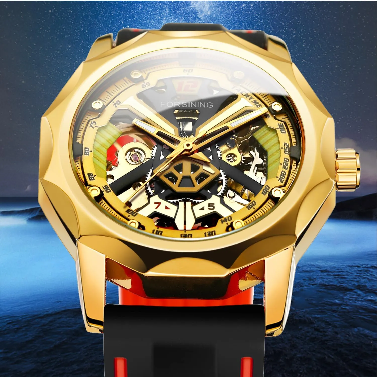 Fashion Polygon Transparent Skeleton Rubber Band Men Mechanical Watch Luxury Clock 2024 FORSINING X guilde psychodynamic clause folk star Design 