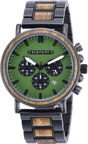 Fashion Stainless Steel Combined Chronograph Mens Wooden Watches Analog Quartz Casual Wood Wrist Watch shine for Men Father's Day Christmas Gift BOBO BIRD 