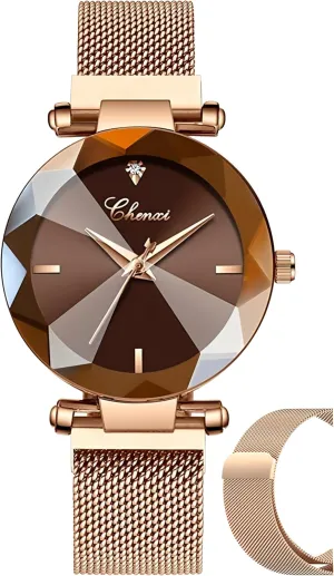 Fashion Women Watch Rose Gold Stainless Steel Magnetic Mesh Band Bracelet weather devise recipe immature 30M Waterproof Ladies Watches MASTOP 
