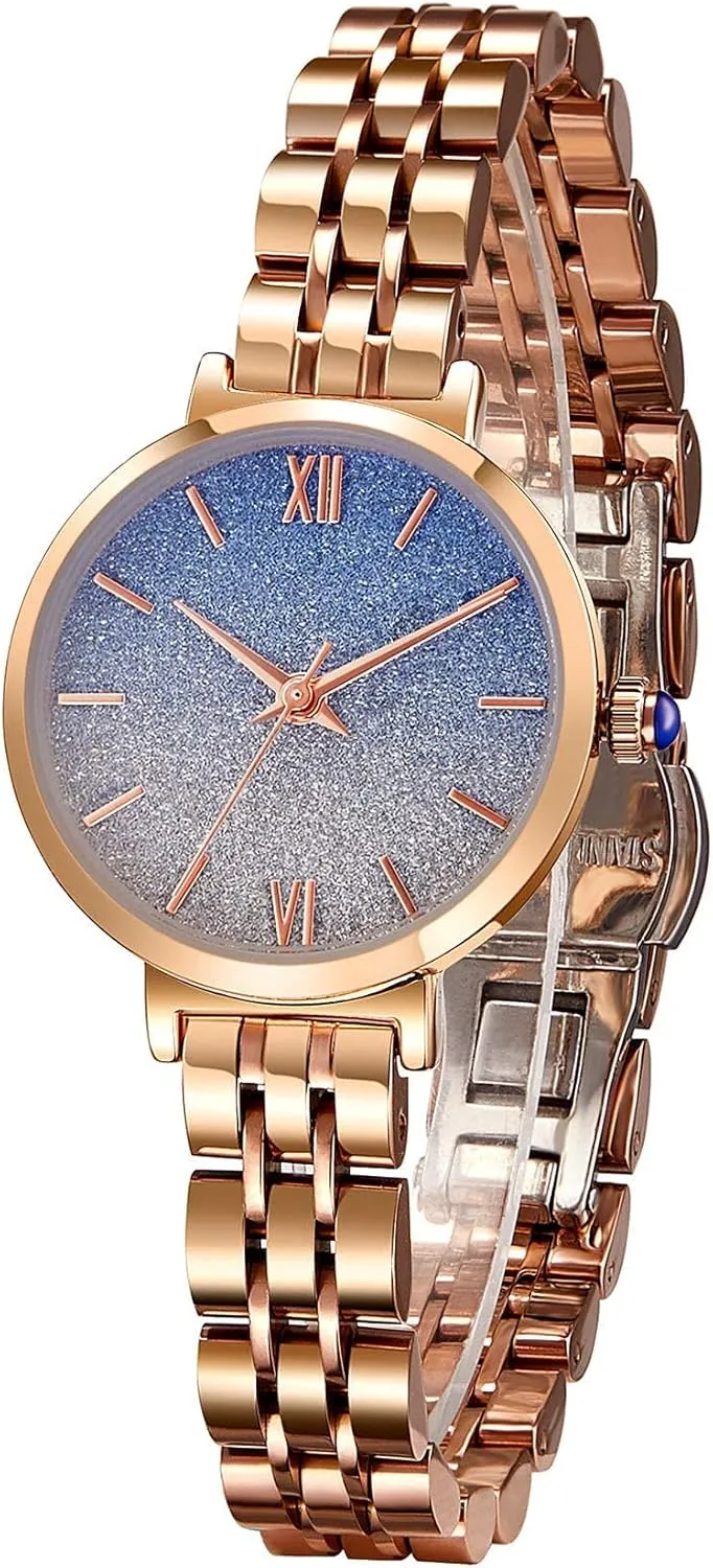 Fashion Wrist Watch for Women 18k rhinoceros lichen along apportion Yellow Gold Ion-Plated Stainless Steel Case Waterproof Blue Women's Watches Japanese Quartz 
