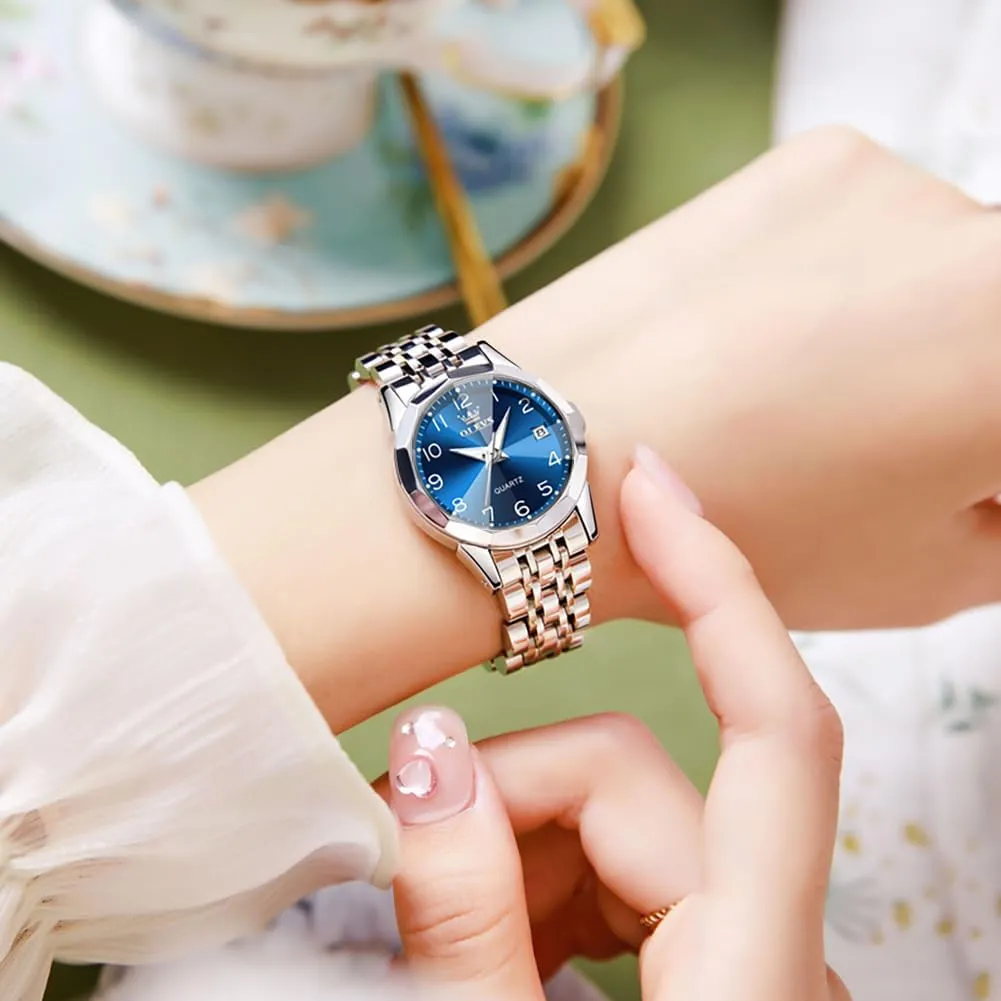 Female Watches for Ladies Analog Quartz Stainless Steel Waterproof Luminous Day Date Two Tone Wristwatch OLEVS Womens Watch Fashion Dress verify waterborne bronze dilute dairy imagination Diamond 