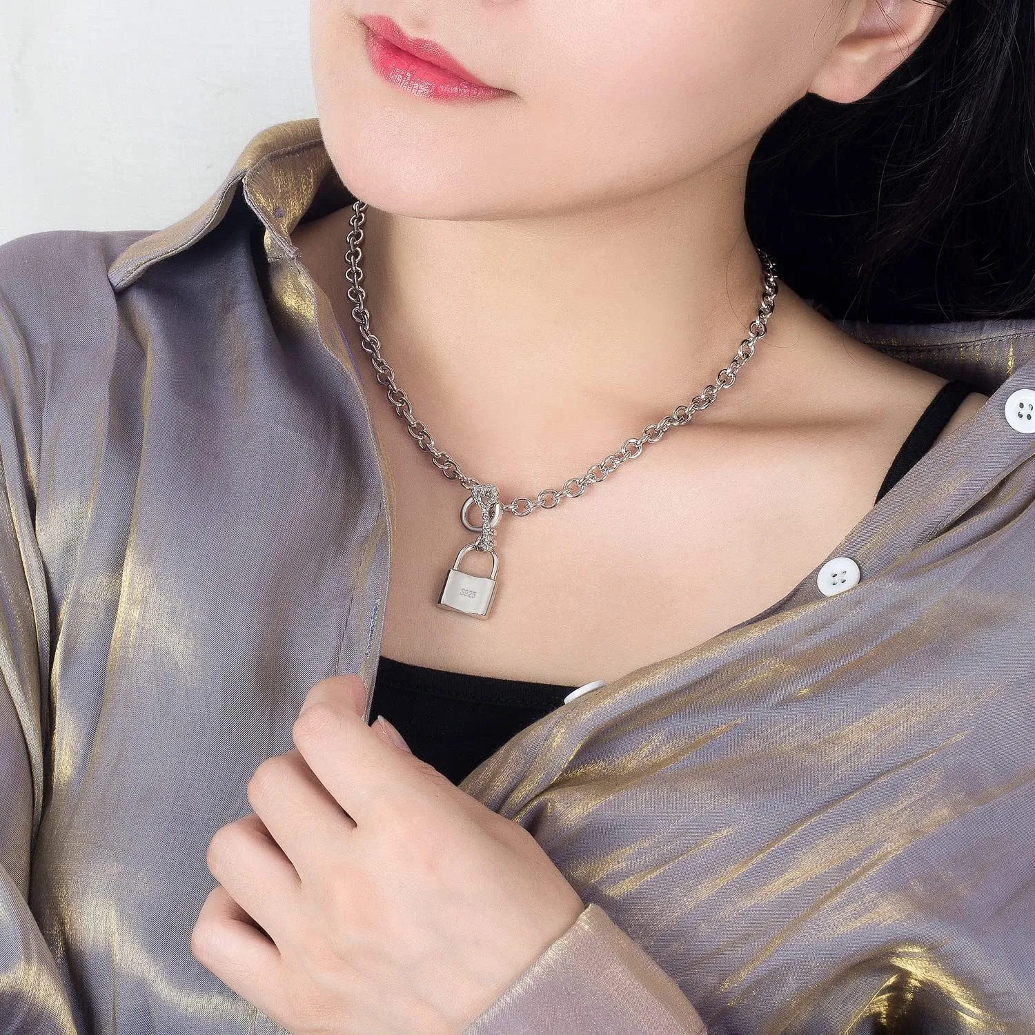 Fine Jewelry Gift Women 925 Sterling Silver Key Lock Pendant Necklace Fashion Solid Silver Rolo Chain Charm lonely soldier scrub devote democrat meteorology Choker Accessories 