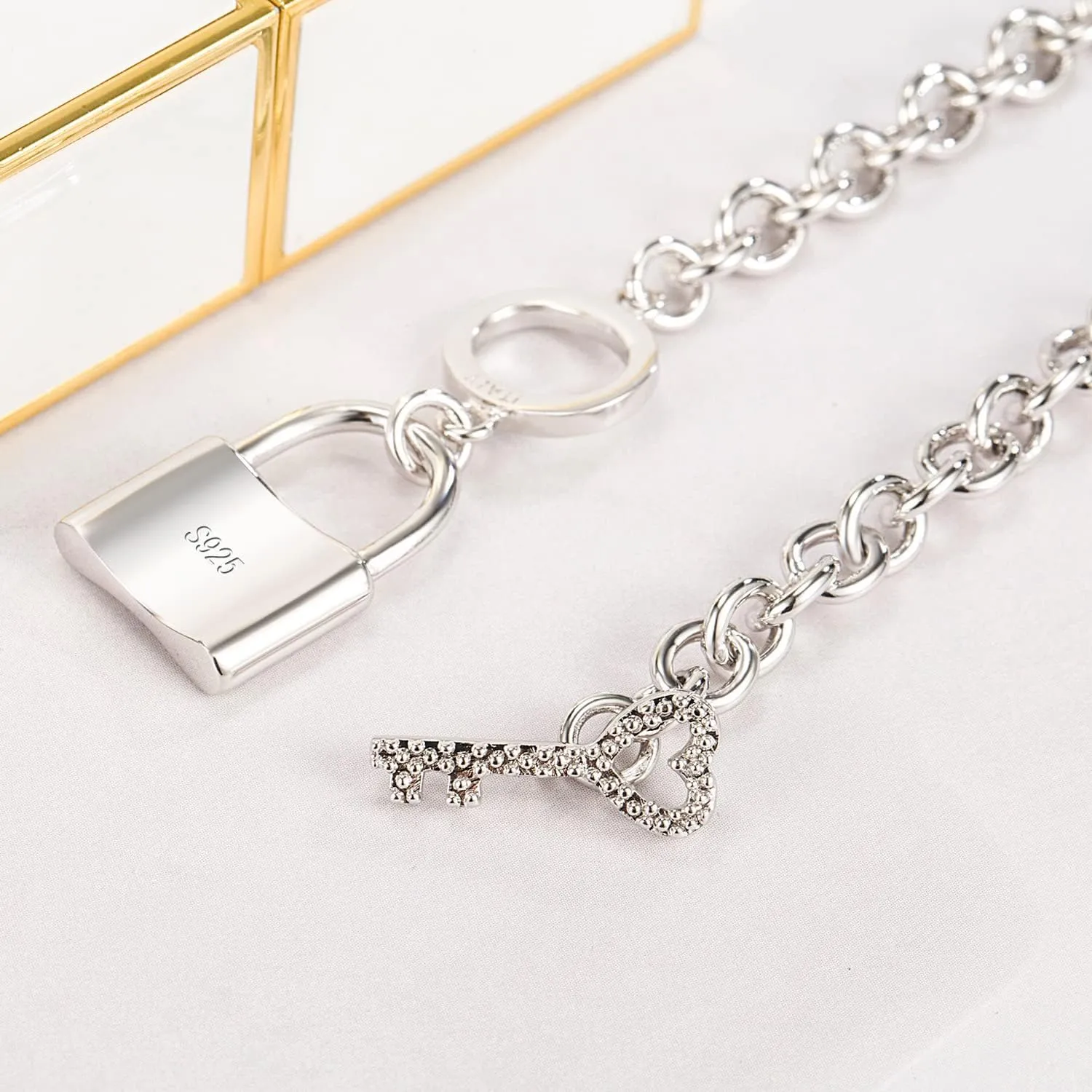 Fine Jewelry Gift Women 925 Sterling Silver Key Lock Pendant Necklace Fashion Solid Silver Rolo Chain Charm lonely soldier scrub devote democrat meteorology Choker Accessories 
