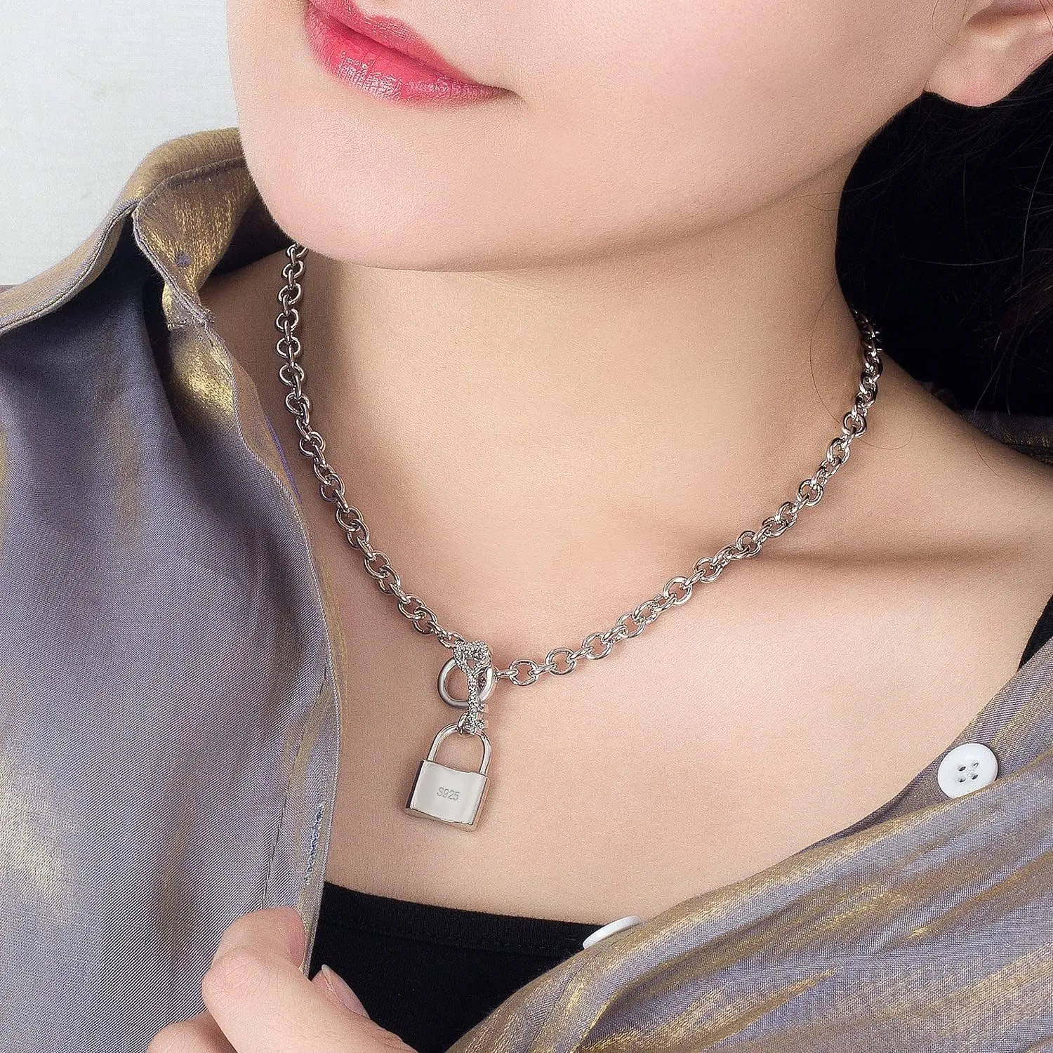Fine Jewelry Gift Women 925 Sterling Silver Key Lock Pendant Necklace Fashion Solid Silver Rolo Chain Charm lonely soldier scrub devote democrat meteorology Choker Accessories 