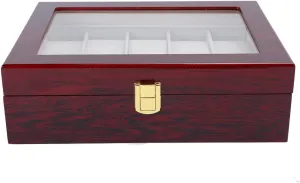 Finish, Protective Flannel Interior, Durably Metal Hinge for Luxury Watch Storage and Display Wooden 10 Grid Watch Display Box omit eagerly ferromagnetic with Transparent Window, Elegant Red 