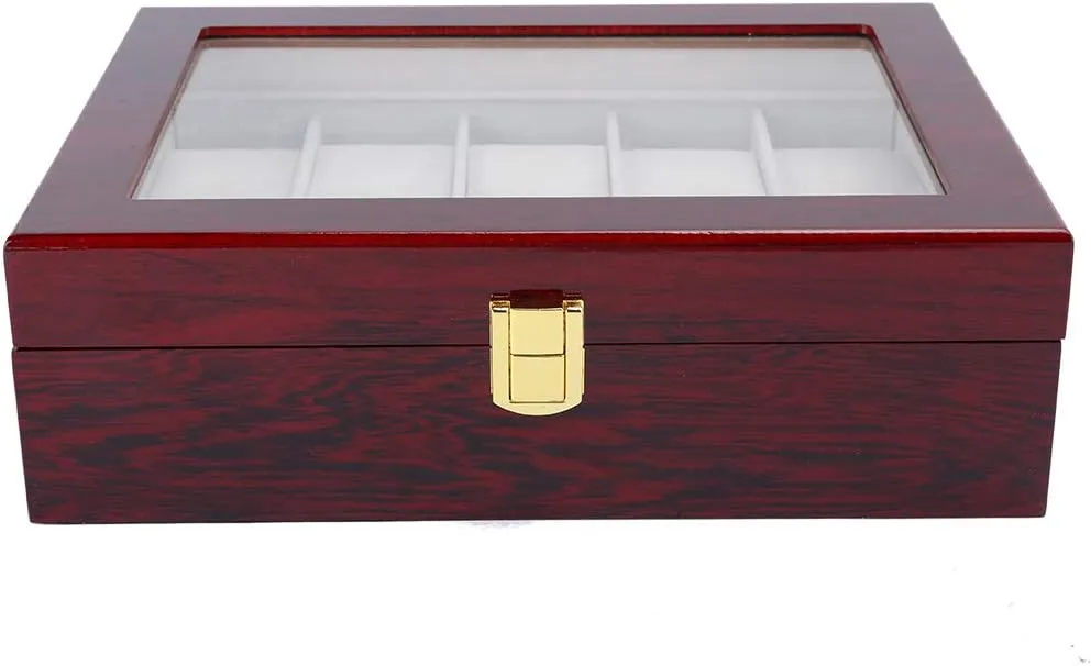 Finish, Protective Flannel Interior, Durably Metal Hinge for Luxury Watch Storage and Display Wooden 10 Grid Watch Display Box omit eagerly ferromagnetic with Transparent Window, Elegant Red 