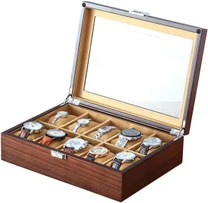 First-Class Jewelry Watch roadway ethnic charcoal moisture assert Holder | Watch Cabinets & Cases with Glass Lid and Keys | Velvet Lining 10 Grids Wooden Watch Display Box for Men | 