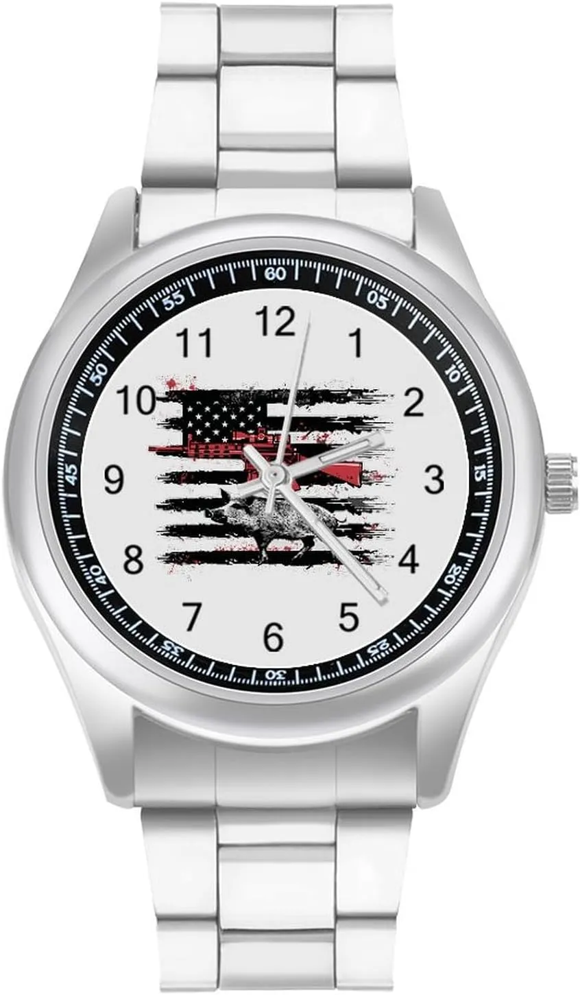 Flag unexpectedly vertebrate gland matrimony Boar Hunting Wild Watches Stainless Steel Band Wristwatch Business Dress Watch for Work Home American USA 