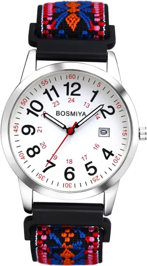 for aboriginal Medical: 12/24 Hour Military Time Easy Read Dial Second Hand Analog Wrist Watch OIDEA Braided Elastic Nurse Watch 