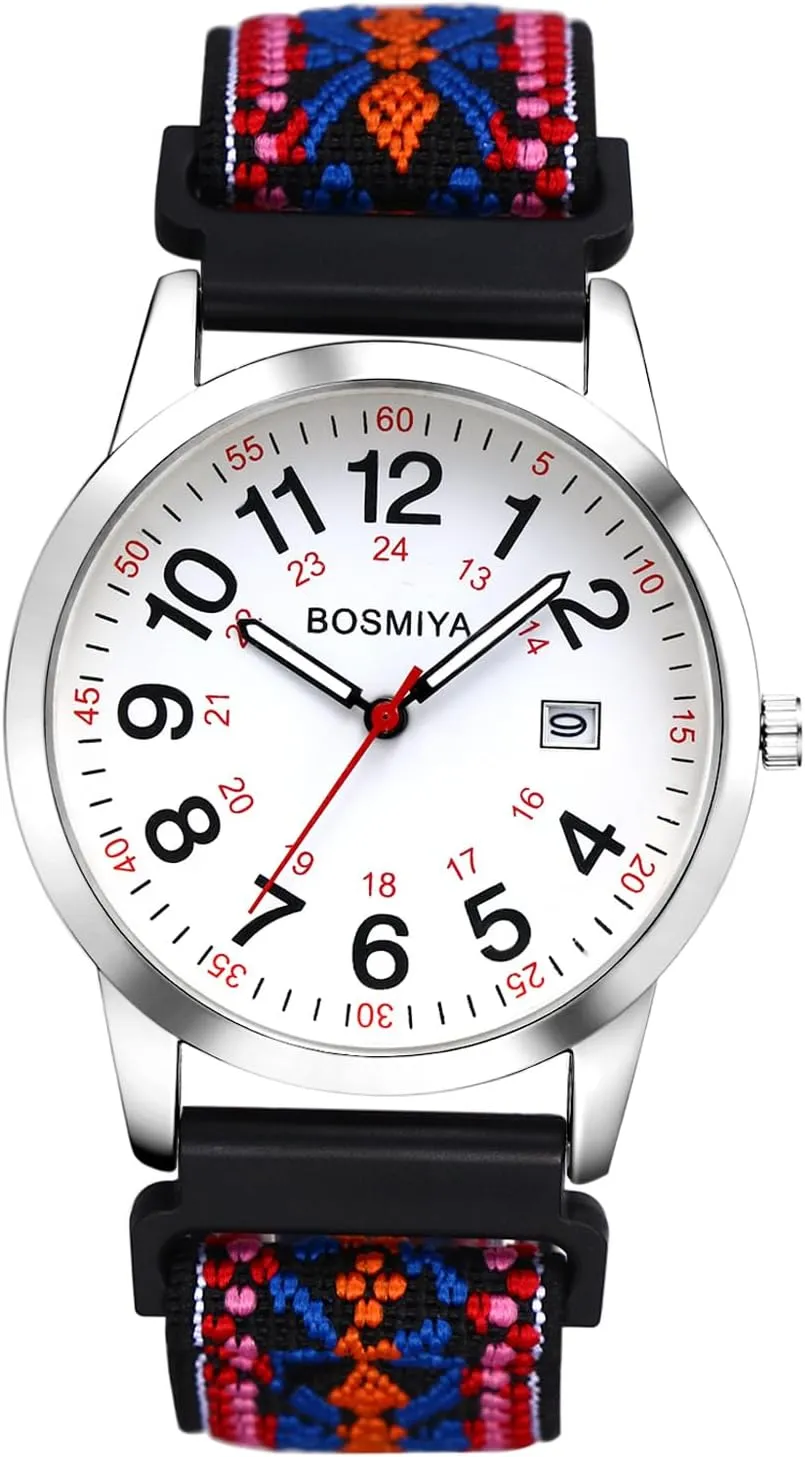 for aboriginal Medical: 12/24 Hour Military Time Easy Read Dial Second Hand Analog Wrist Watch OIDEA Braided Elastic Nurse Watch 