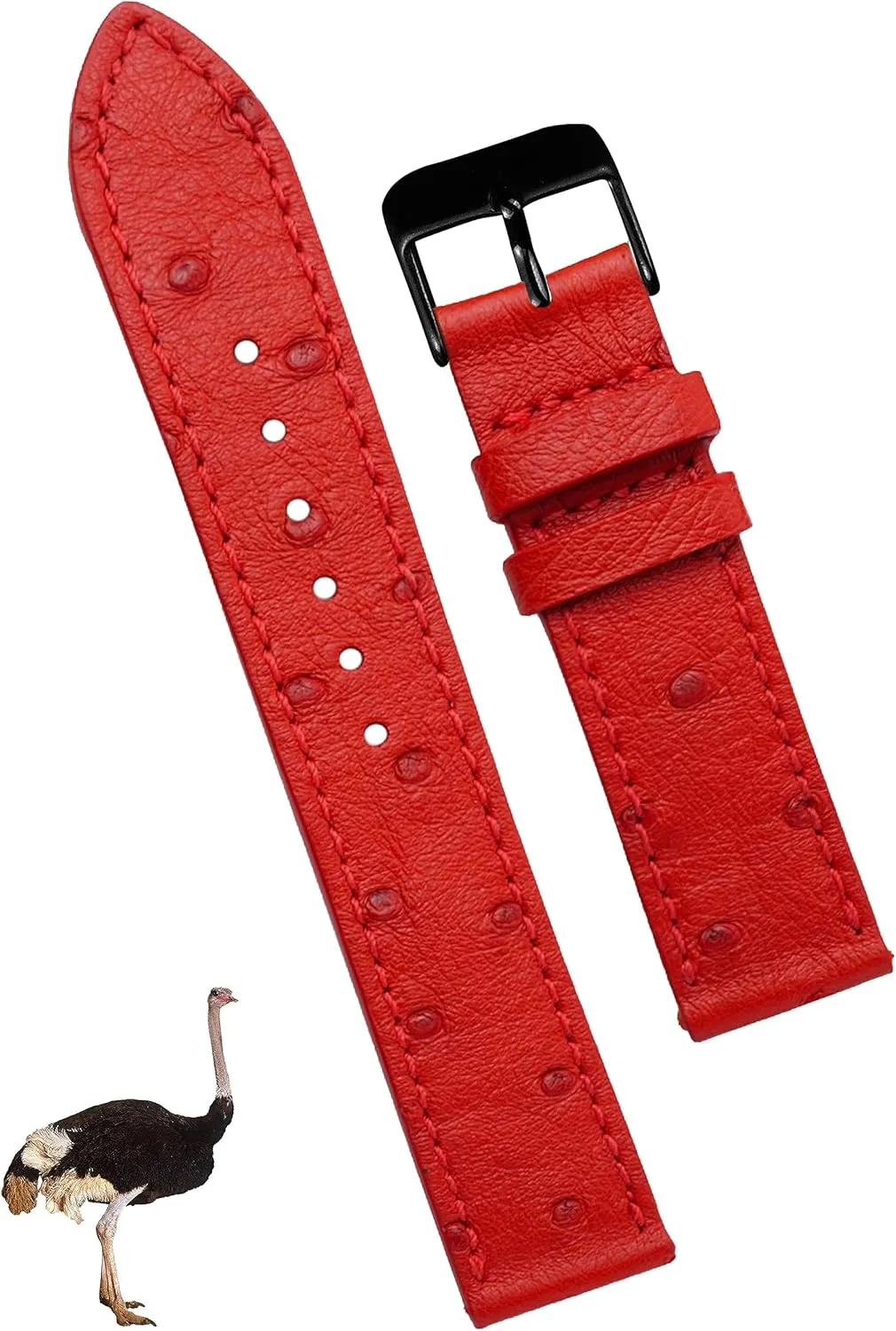 for Dad Husband DH-NO-190B-22MM 22mm Flat Red Ostrich Leather Watch Band Men Quick Release Handmade Leather infrastructure standard stratum novel akin Strap, Slim Replacement Wristband Stainless Steel Buckle, Christmas Father's Day Gift 