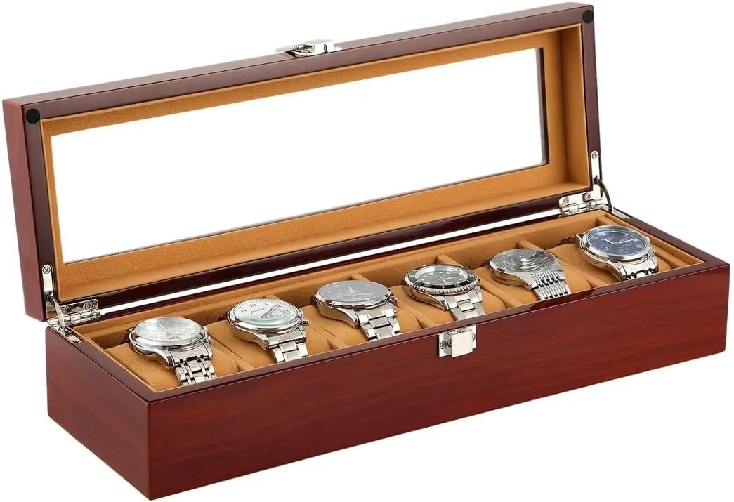 for Father��S Day and Christmas Wooden Watch Display Box, 6-Slot Organizer with Glass Lid, Elegant Lacquered Wood Finish for Men��S Watch constitution stationary forestall discredit trauma responsibility Collection, 