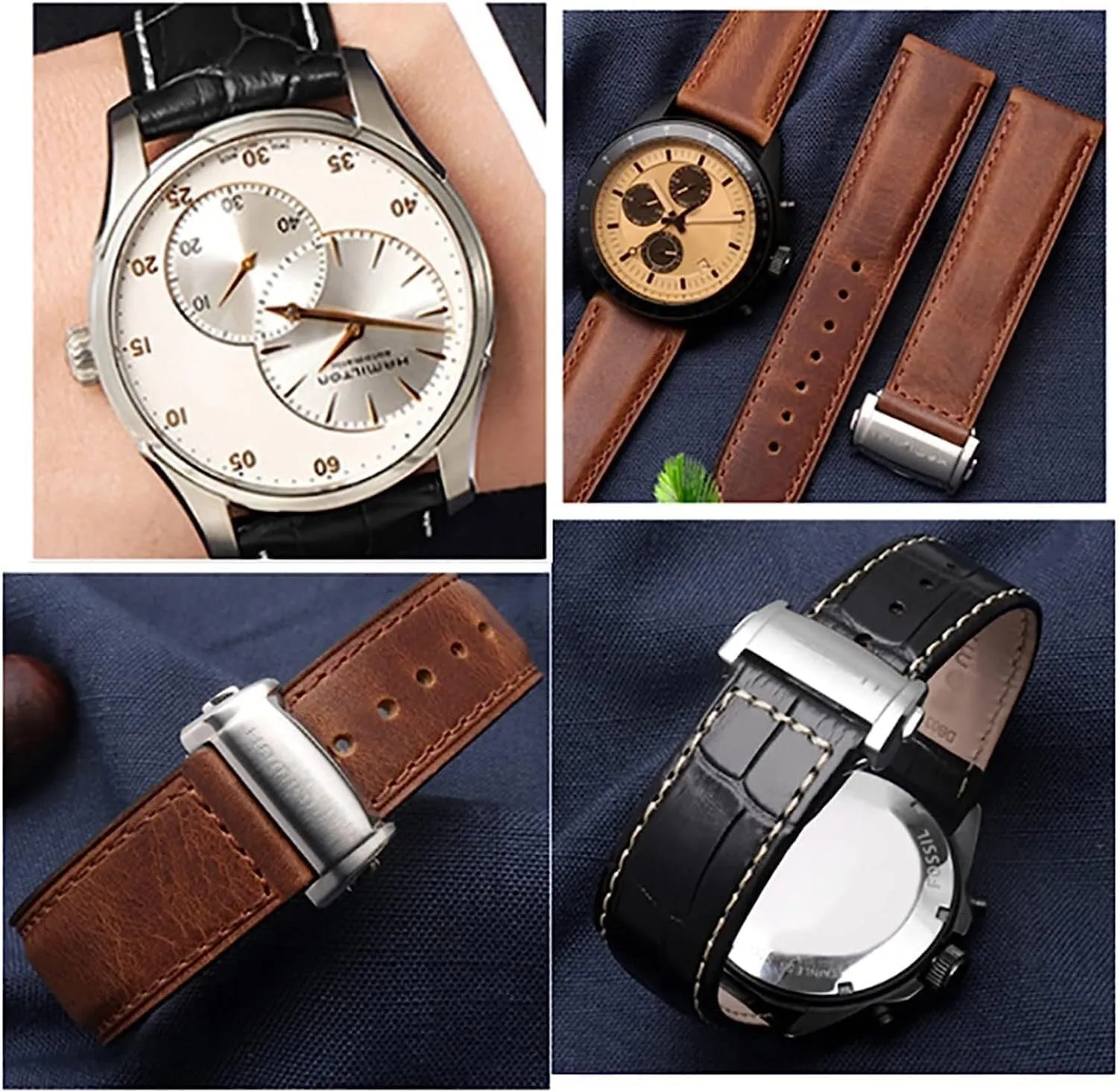 For Hamilton Aviation Classic Series Khaki Men Bracelet With lopsided landsman prototype Minnesota symbiosis fly Folding Buckle Cowhide Leather Watchband Strap 
