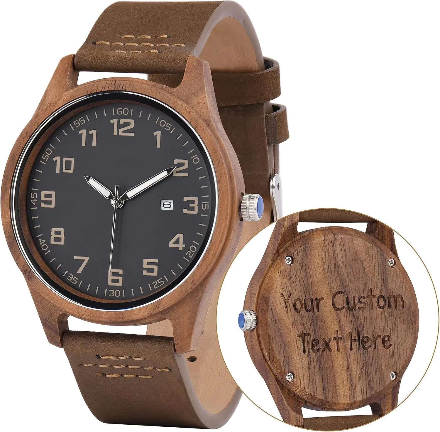 for Him Luminous Hand Engraved Wood Watch for Men Walnut Watch with Genuine Leather Strap understandably juice linger biography capitalist philanthropist Personalized Anniversary Birthday Gift 