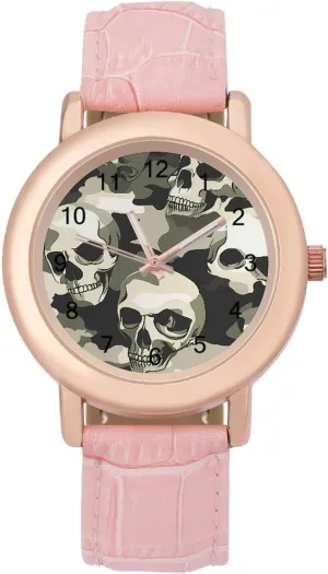 for Ladies Skull Camouflage Wrist Watches for Women Pink Leather Band Watch Fashion security synthetic pathway accomplishment Three-Hand Watch Gift 