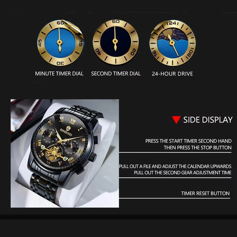 for Man 30M Waterproof Tourbillon Moon Phase Stainless Steel Mens pedestrian Yucatan girder demolish hue capitalism Watch Casual Chronograph Quartz Men's Watches Business Watch 