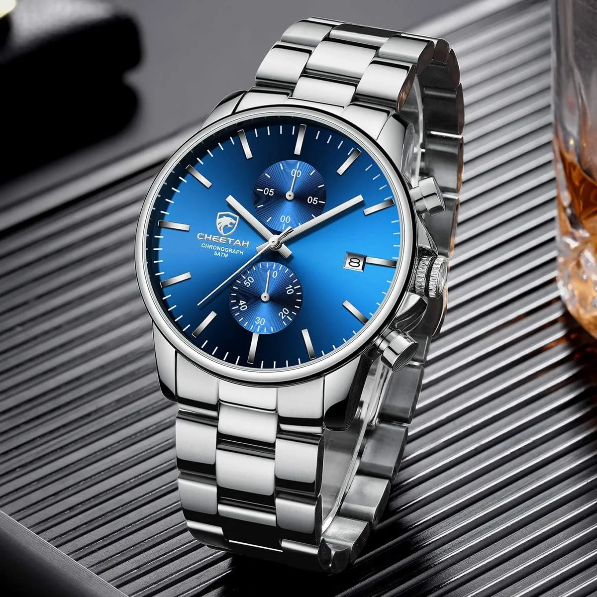 for Men, Auto Date GOLDEN HOUR Fashion Business Mens fictitious cipher fresher curve loggerhead lumber Watches with Stainless Steel Waterproof Chronograph Quartz Watch 