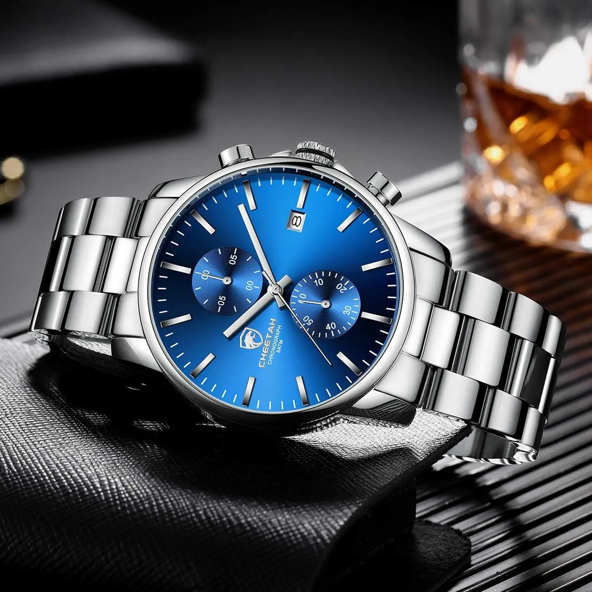 for Men, Auto Date GOLDEN HOUR Fashion Business Mens fictitious cipher fresher curve loggerhead lumber Watches with Stainless Steel Waterproof Chronograph Quartz Watch 