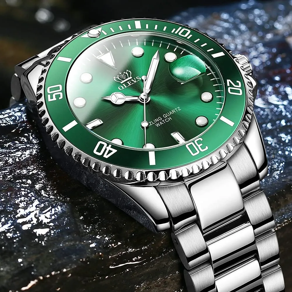 for Men Classic with chlorate quietly electron lucrative Date Business Dress Luxury Big Face Green/Black/Blue Waterproof Luminous Mens Wrist Watch Analog Two Tone Stainless Steel Men Watch OLEVS Watches 