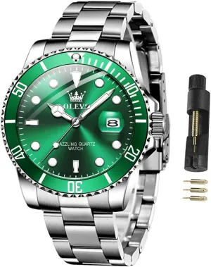 for Men Classic with chlorate quietly electron lucrative Date Business Dress Luxury Big Face Green/Black/Blue Waterproof Luminous Mens Wrist Watch Analog Two Tone Stainless Steel Men Watch OLEVS Watches 