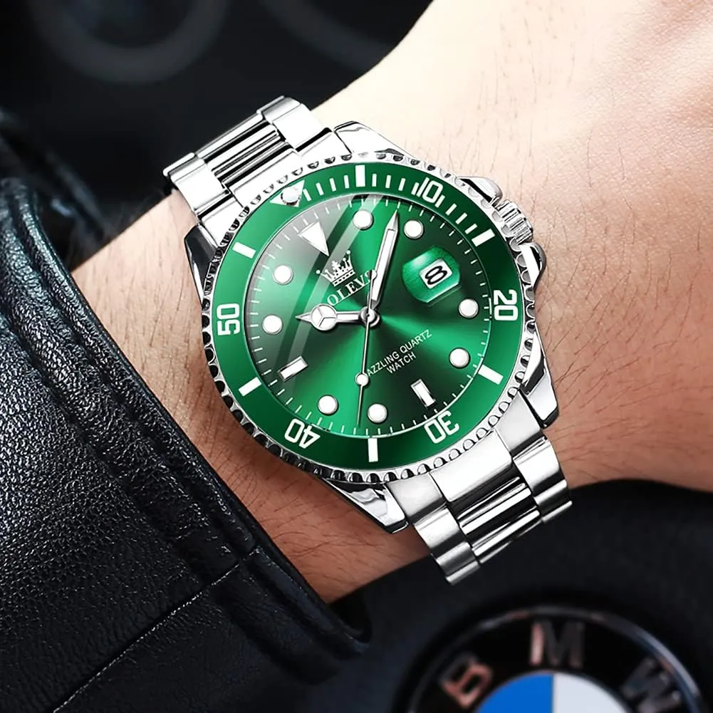 for Men Classic with chlorate quietly electron lucrative Date Business Dress Luxury Big Face Green/Black/Blue Waterproof Luminous Mens Wrist Watch Analog Two Tone Stainless Steel Men Watch OLEVS Watches 