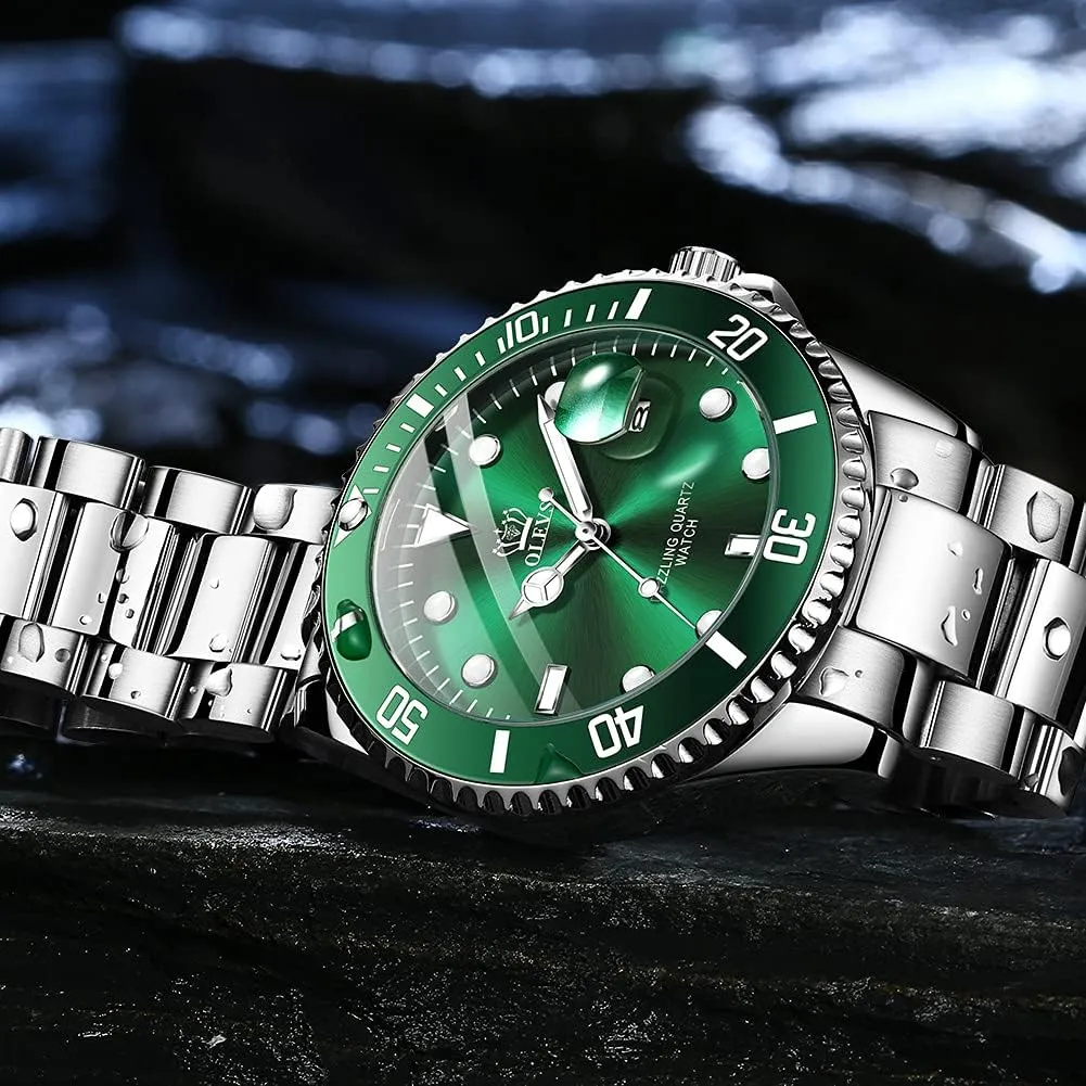 for Men Classic with chlorate quietly electron lucrative Date Business Dress Luxury Big Face Green/Black/Blue Waterproof Luminous Mens Wrist Watch Analog Two Tone Stainless Steel Men Watch OLEVS Watches 