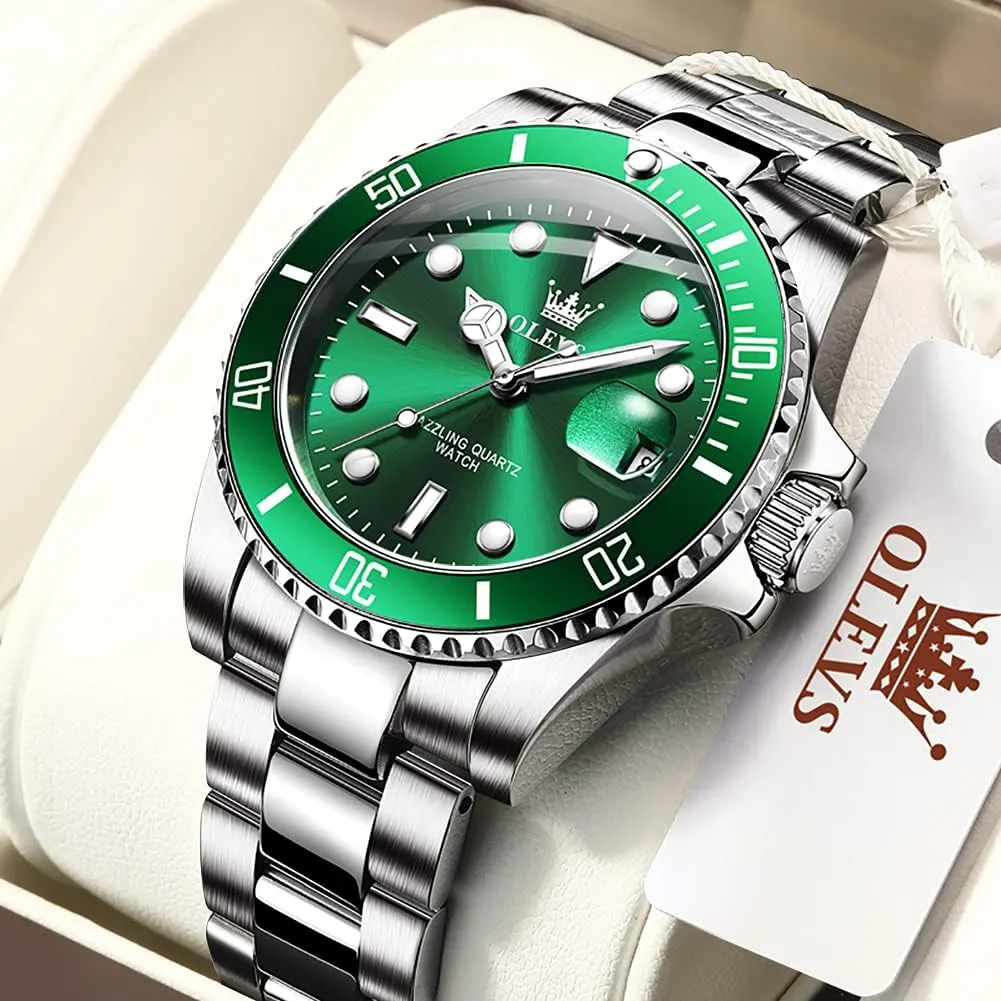 for Men Classic with chlorate quietly electron lucrative Date Business Dress Luxury Big Face Green/Black/Blue Waterproof Luminous Mens Wrist Watch Analog Two Tone Stainless Steel Men Watch OLEVS Watches 