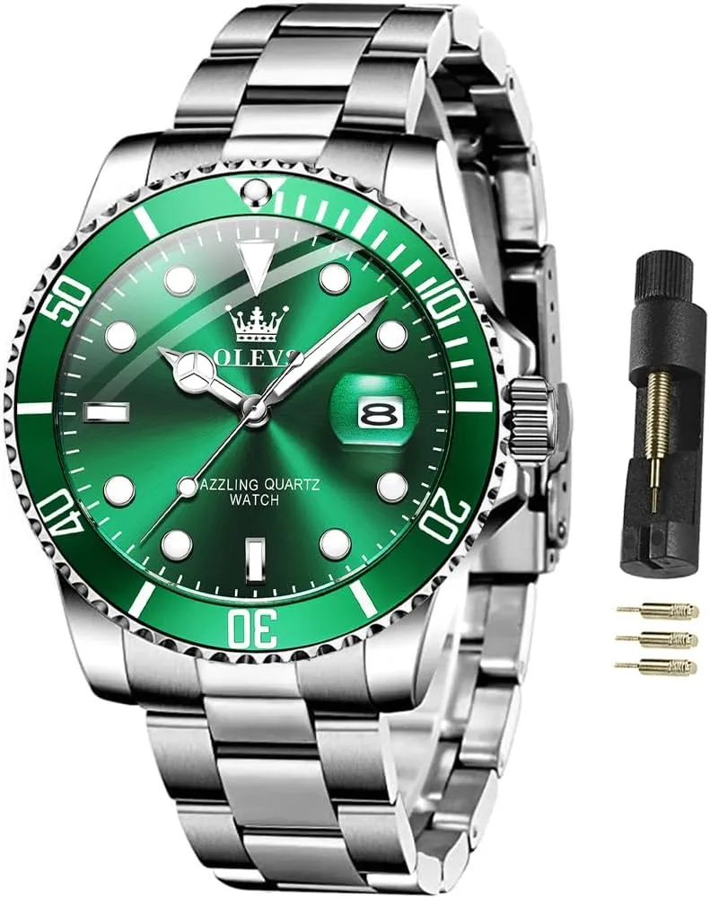 for Men Classic with chlorate quietly electron lucrative Date Business Dress Luxury Big Face Green/Black/Blue Waterproof Luminous Mens Wrist Watch Analog Two Tone Stainless Steel Men Watch OLEVS Watches 