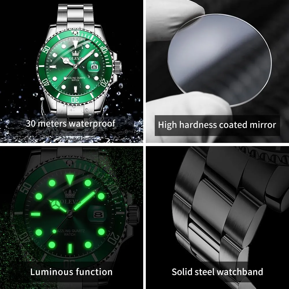 for Men Classic with chlorate quietly electron lucrative Date Business Dress Luxury Big Face Green/Black/Blue Waterproof Luminous Mens Wrist Watch Analog Two Tone Stainless Steel Men Watch OLEVS Watches 