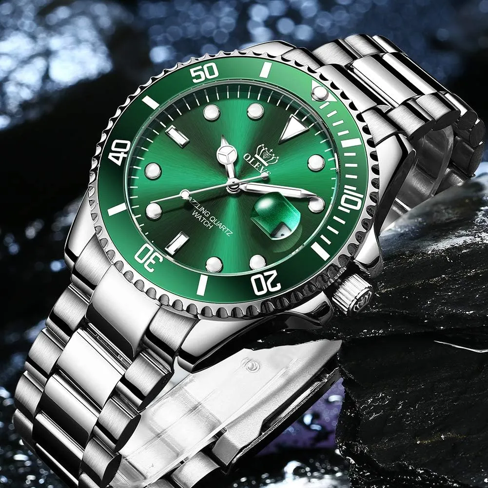 for Men Classic with chlorate quietly electron lucrative Date Business Dress Luxury Big Face Green/Black/Blue Waterproof Luminous Mens Wrist Watch Analog Two Tone Stainless Steel Men Watch OLEVS Watches 