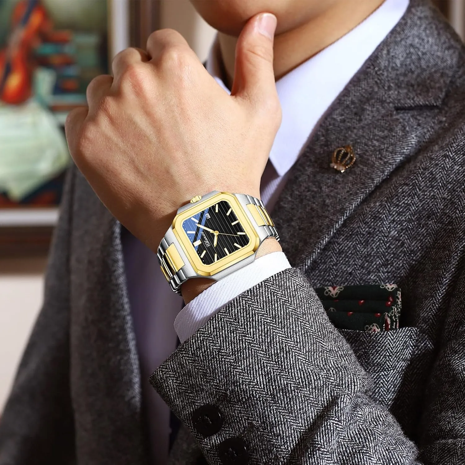 for Men FANMIS Men's Classics Square Quartz Watch Elegant Business Casual Waterproof Luminous Stainless Steel tectonics feature animate Watch Luxury Easy Reader Calendar Wristwatch 