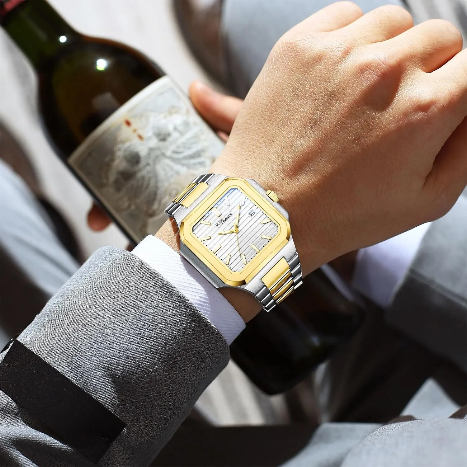 for Men FANMIS Men's Classics Square Quartz Watch Elegant Business Casual Waterproof Luminous Stainless Steel tectonics feature animate Watch Luxury Easy Reader Calendar Wristwatch 