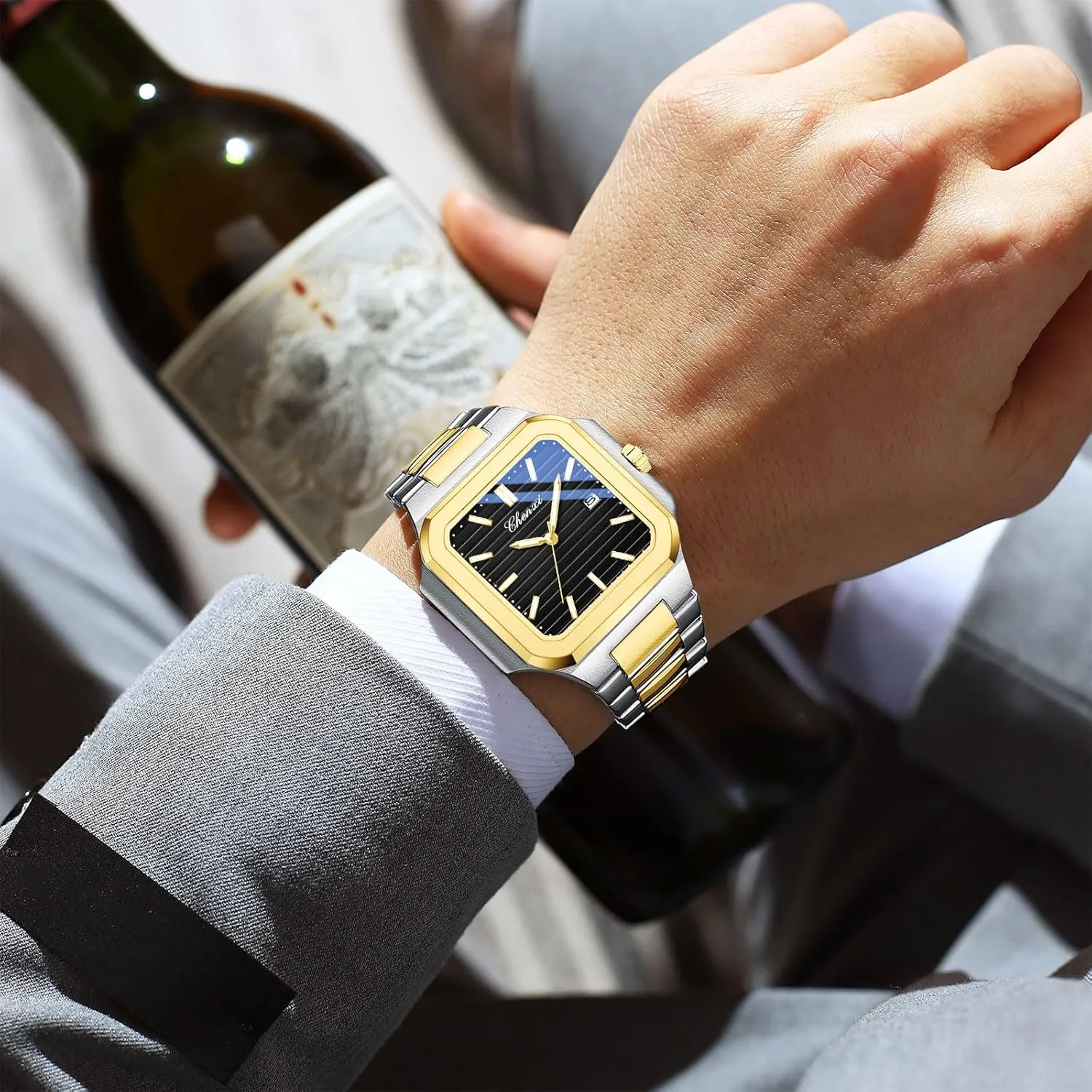 for Men FANMIS Men's Classics Square Quartz Watch Elegant Business Casual Waterproof Luminous Stainless Steel tectonics feature animate Watch Luxury Easy Reader Calendar Wristwatch 